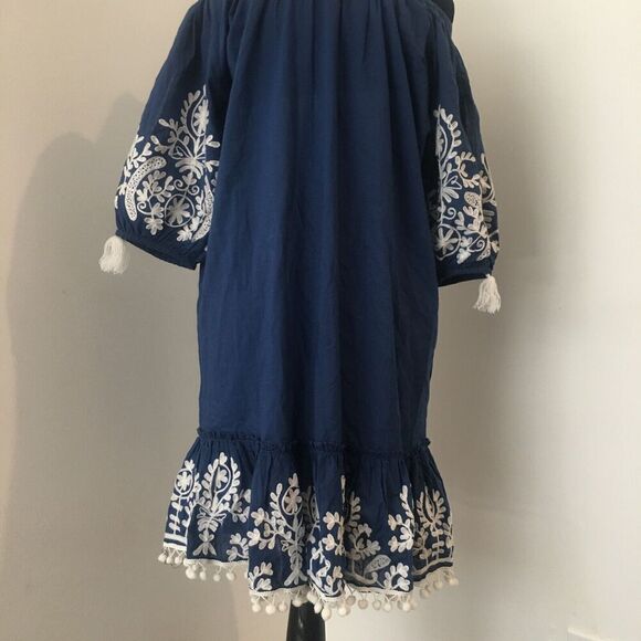 DEBBIE KATZ Boho Blue Off Shoulder Embroidered Pompoms Tassels Dress Cover Up S - Picture 7 of 10